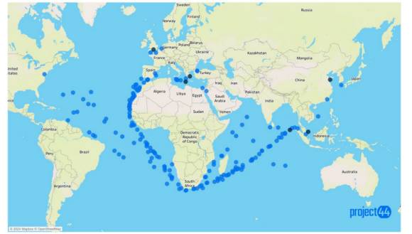 Weltkarte mit Schiffsroute um Afrika herum